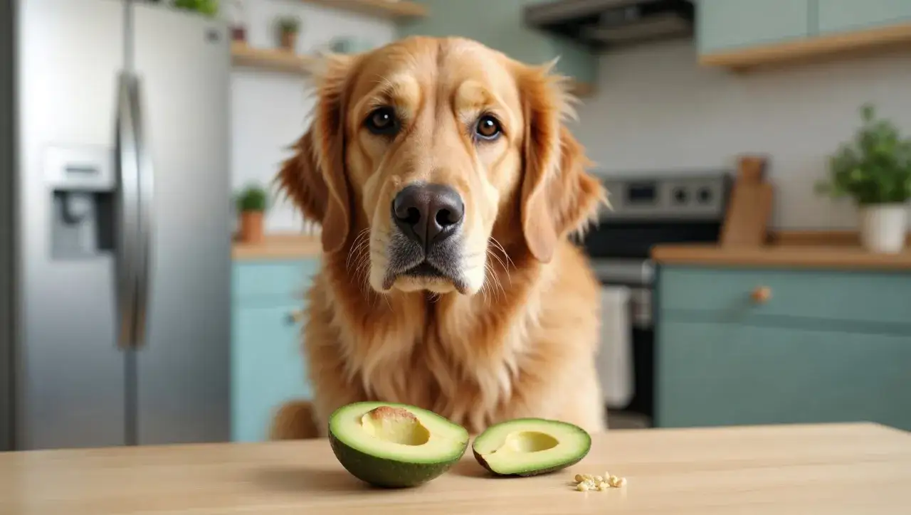 Złoty retriever z zaciekawieniem patrzy na połówkę awokado. Czy psy mogą jeść awokado? To pytanie nurtuje wielu właścicieli czworonogów.