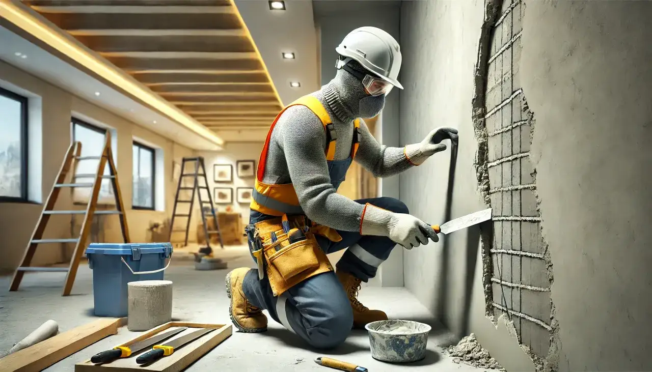 Remont trwa, fachowiec w kasku i masce uczy się, jak zakryć dziury w ścianie, używając kielni i zaprawy.