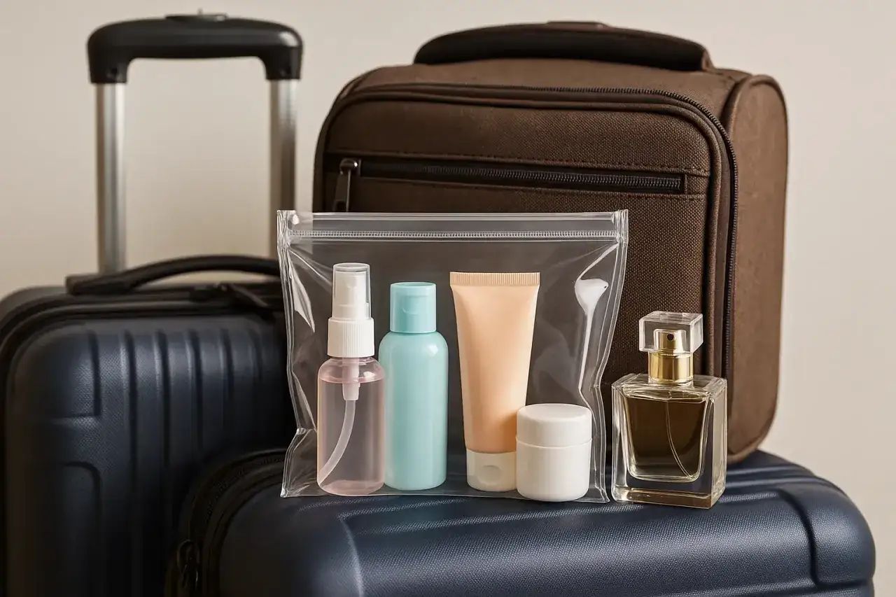 Podróżujesz i zastanawiasz się, czy można przewozić perfumy w bagażu rejestrowanym? Na zdjęciu kosmetyki w przezroczystej kosmetyczce i buteleczka perfum na walizkach.