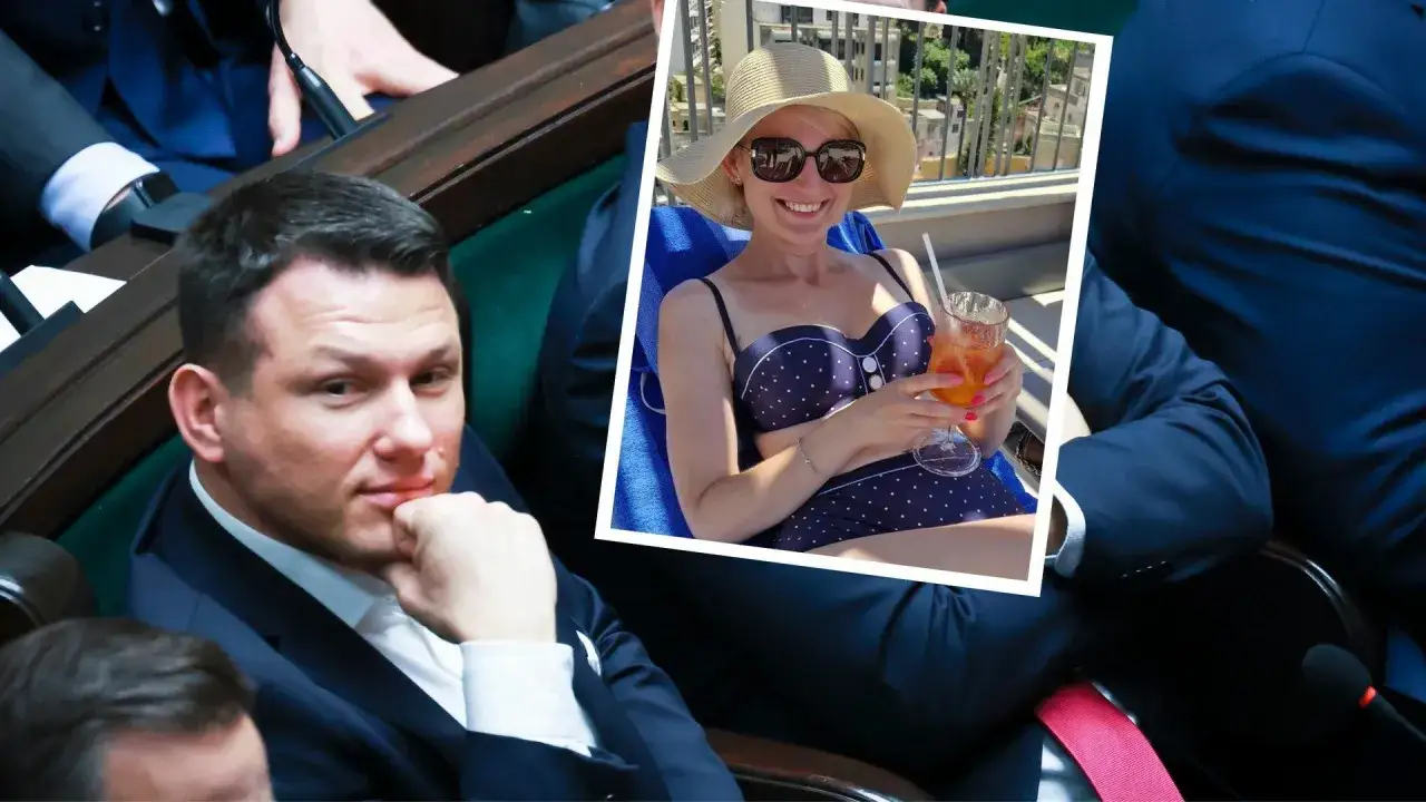 Mężczyzna w garniturze, obok wizerunek kobiety w bikini. Czy to odpowiedź na pytanie, ile dzieci ma Mentzen?