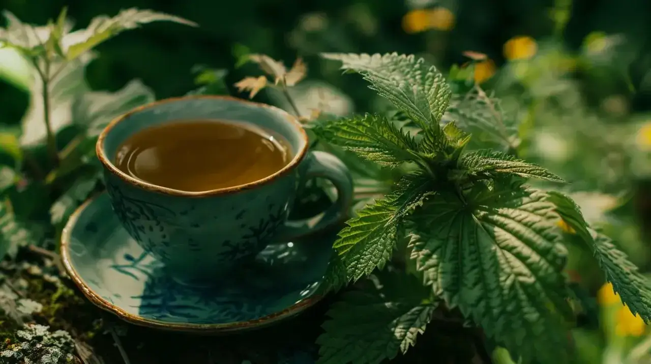 Kubek z herbatą z pokrzywy wśr&oacute;d zieleni. Napar ma złocisty kolor, a obok widać liście pokrzywy.