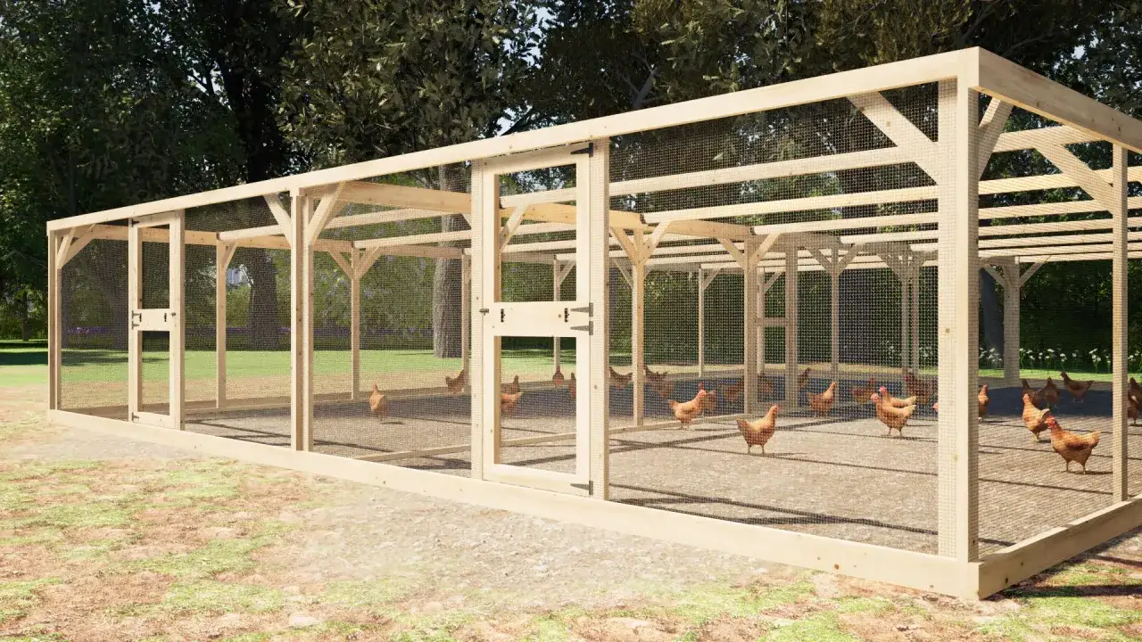 Projekt kurnika na 30 kur. Drewniana konstrukcja z siatką, wewnątrz kilka kur.