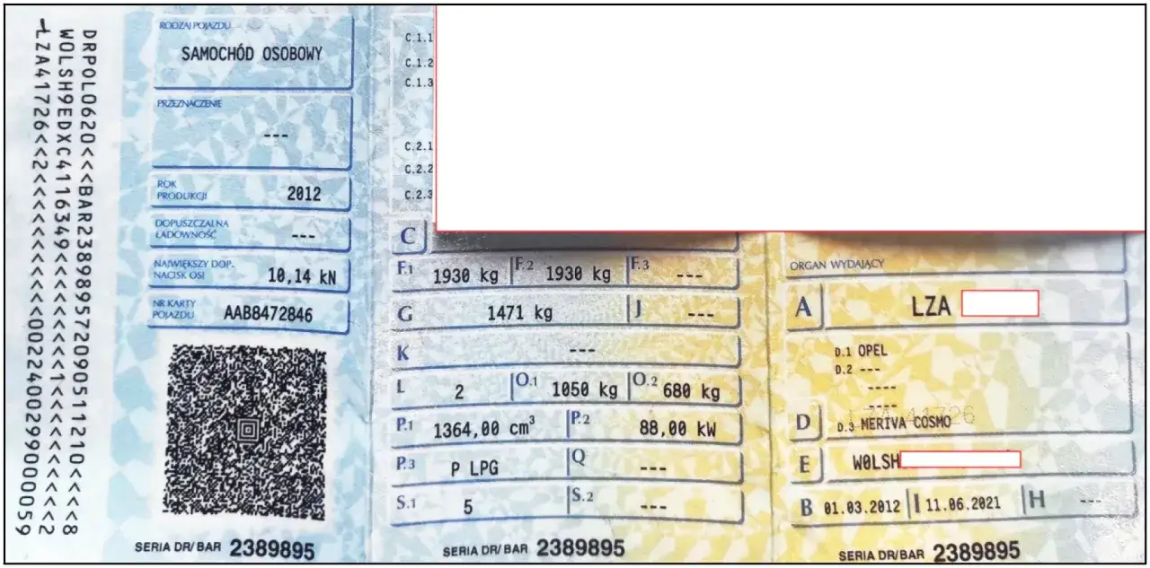Dowód rejestracyjny pojazdu z 2012 roku. Masa całkowita w dowodzie rejestracyjnym: F.1 1930 kg, F.2 1930 kg.