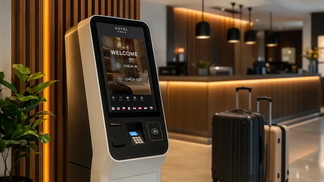 Nowoczesny automat hotelowy z opcją jak się zameldować w hotelu. Obok walizki, w tle recepcja.