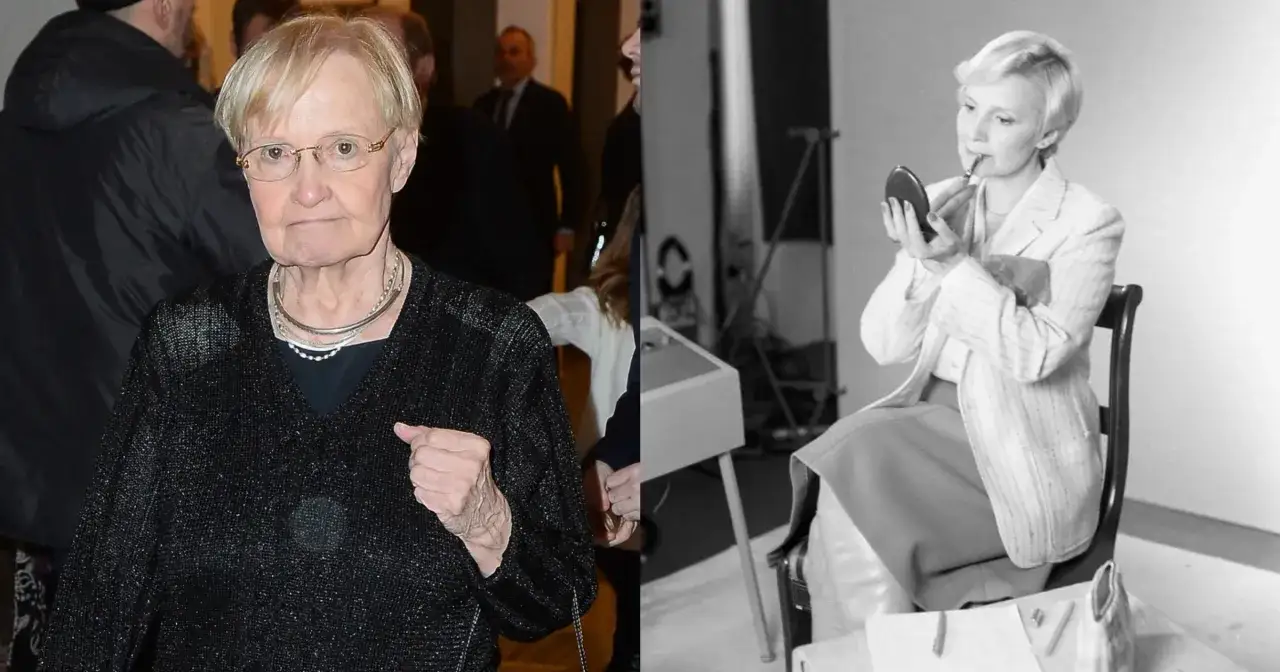 Zofia Czernicka w dwóch odsłonach: starsza, w czarnym swetrze i młodsza, poprawiająca makijaż.