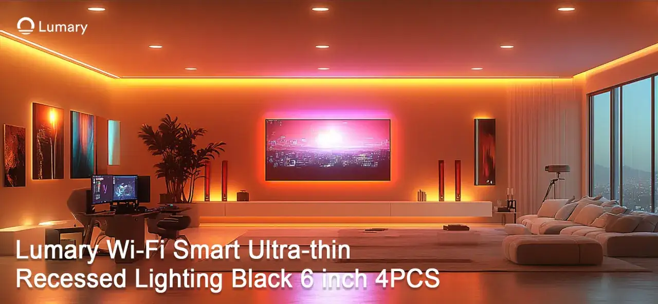 Nowoczesne wnętrze z różnymi rodzajami żarówek led: wpuszczane, taśmy led na suficie i podświetlenie obrazów.