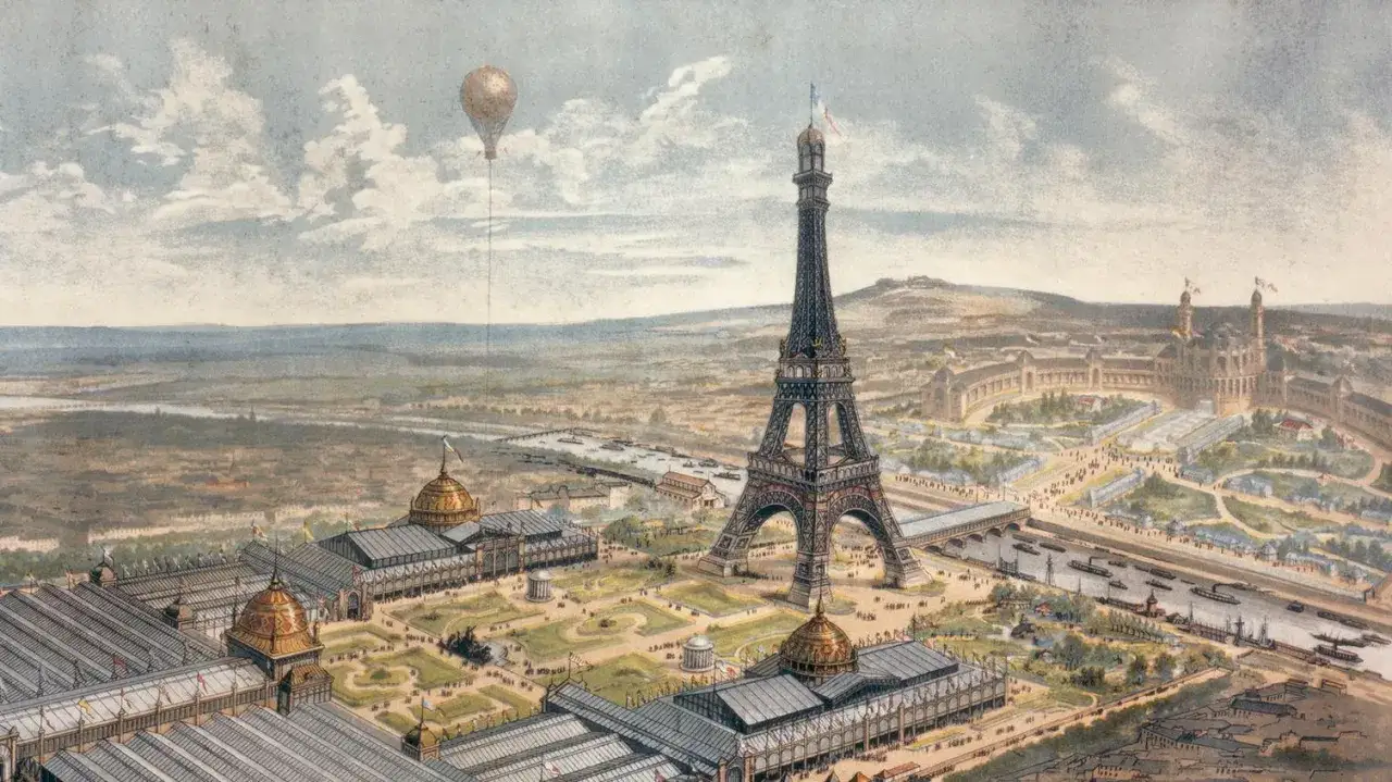 Ilustracja przedstawia Paryż z Wieżą Eiffla w centrum, ukazując jej początki i historię. Balon unosi się na niebie.