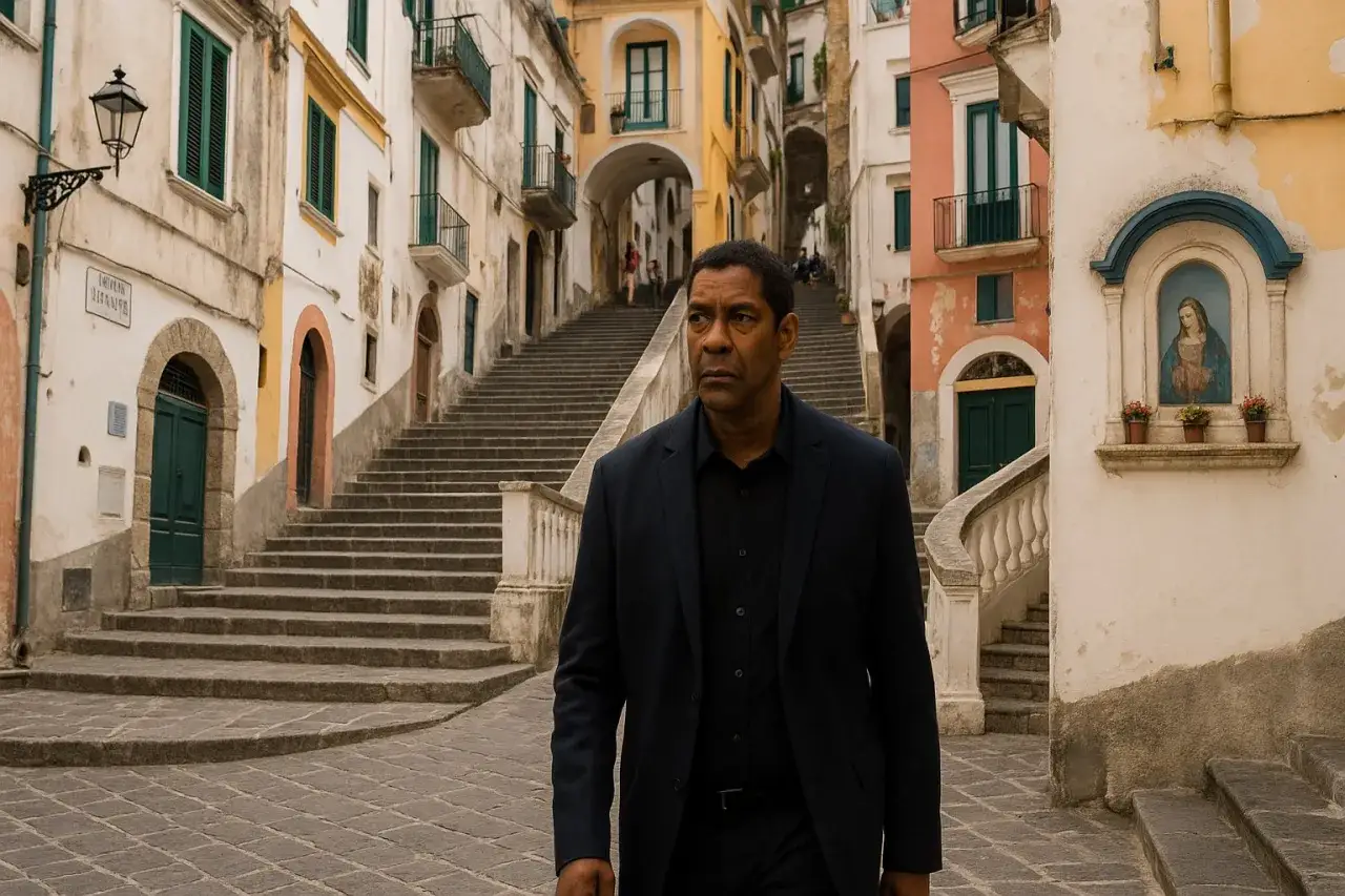 Denzel Washington w malowniczej scenerii, gdzie kręcono Bez Litości 3. Wąskie uliczki i schody tworzą atmosferę włoskiego miasteczka.