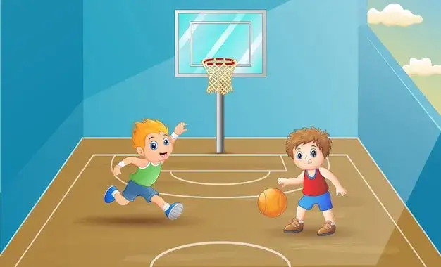 dzieci grające w koszykówkę na hali sportowej