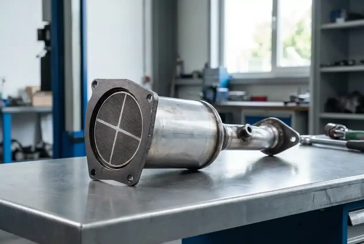 Metalowy element układu wydechowego, prawdopodobnie katalizator lub DPF. Widać jego wewnętrzną strukturę, która zatrzymuje ile popiołu w dpf.