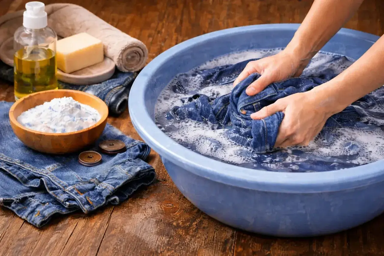 Ręczne pranie jeans&oacute;w w wodzie z proszkiem. Obok miski leżą złożone spodnie, mydło i buteleczka z płynem.