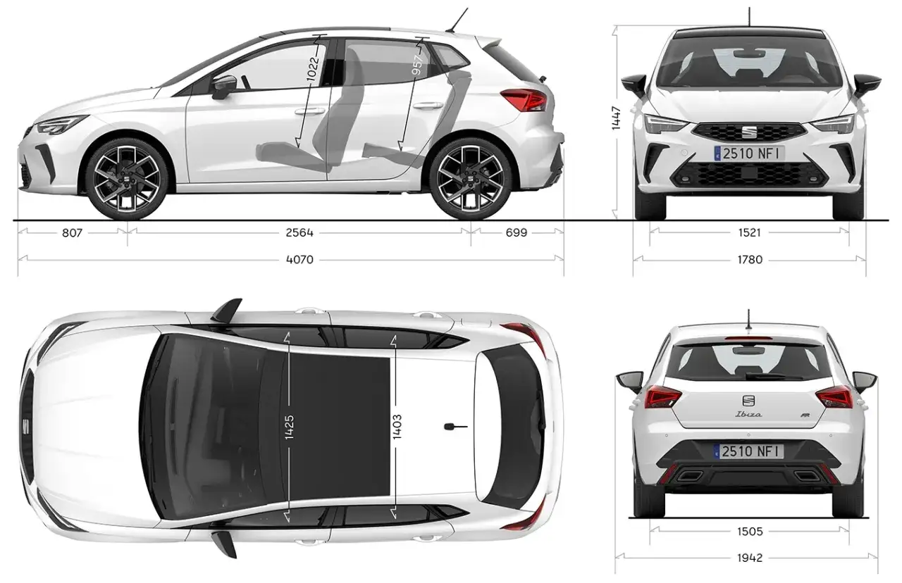 Schemat Seat Ibiza 3 wymiary: długość 4070 mm, szerokość 1780 mm, wysokość 1447 mm. Widok z boku, przodu, tyłu i góry.