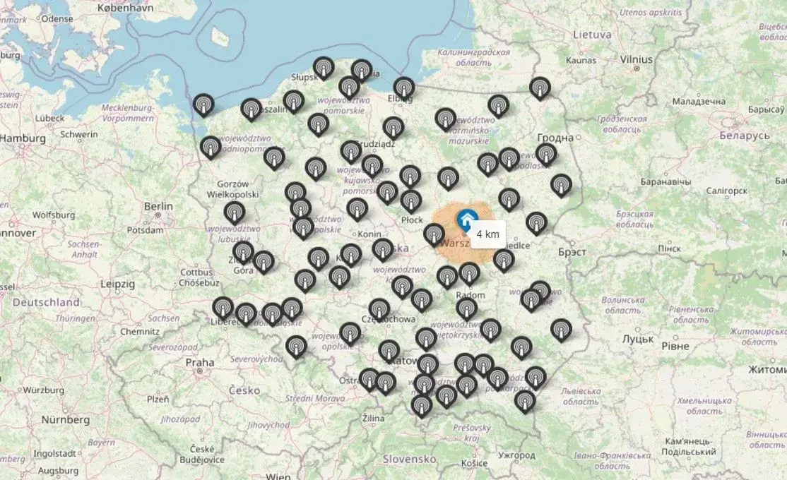 Mapa nadajników DVB-T2 Polska EmiMaps