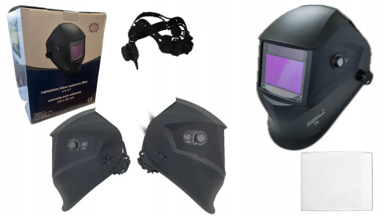 Kask spawalniczy Sherman V4 z filtrem optycznym i nagłowiem. Zestaw zawiera r&oacute;wnież zapasową szybkę.