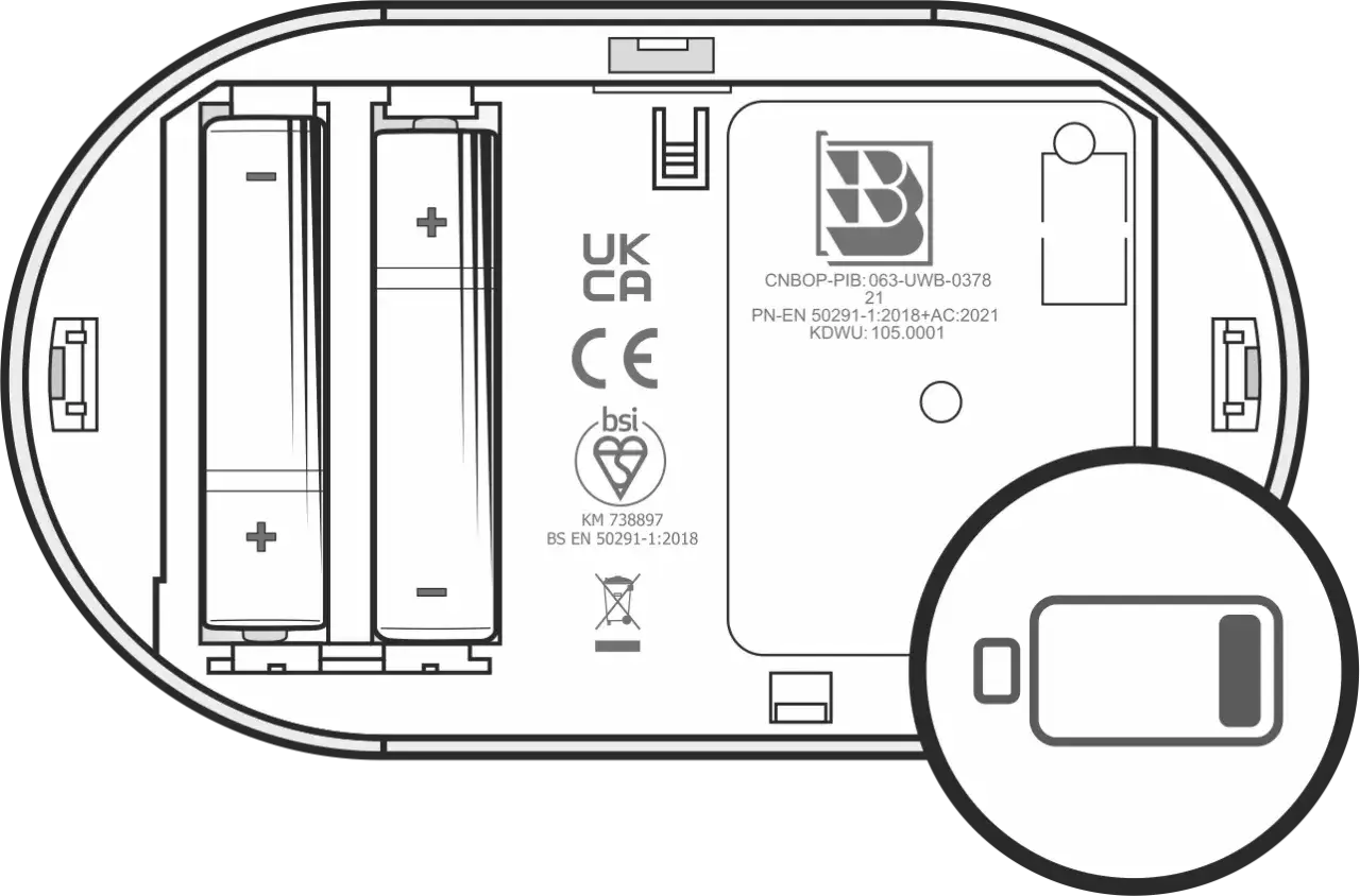 Wymiana baterii w czujniku czadu: otwórz klapkę, wyjmij stare baterie i włóż nowe, zgodnie z oznaczeniami. To prosty sposób, jak zresetować czujnik czadu.