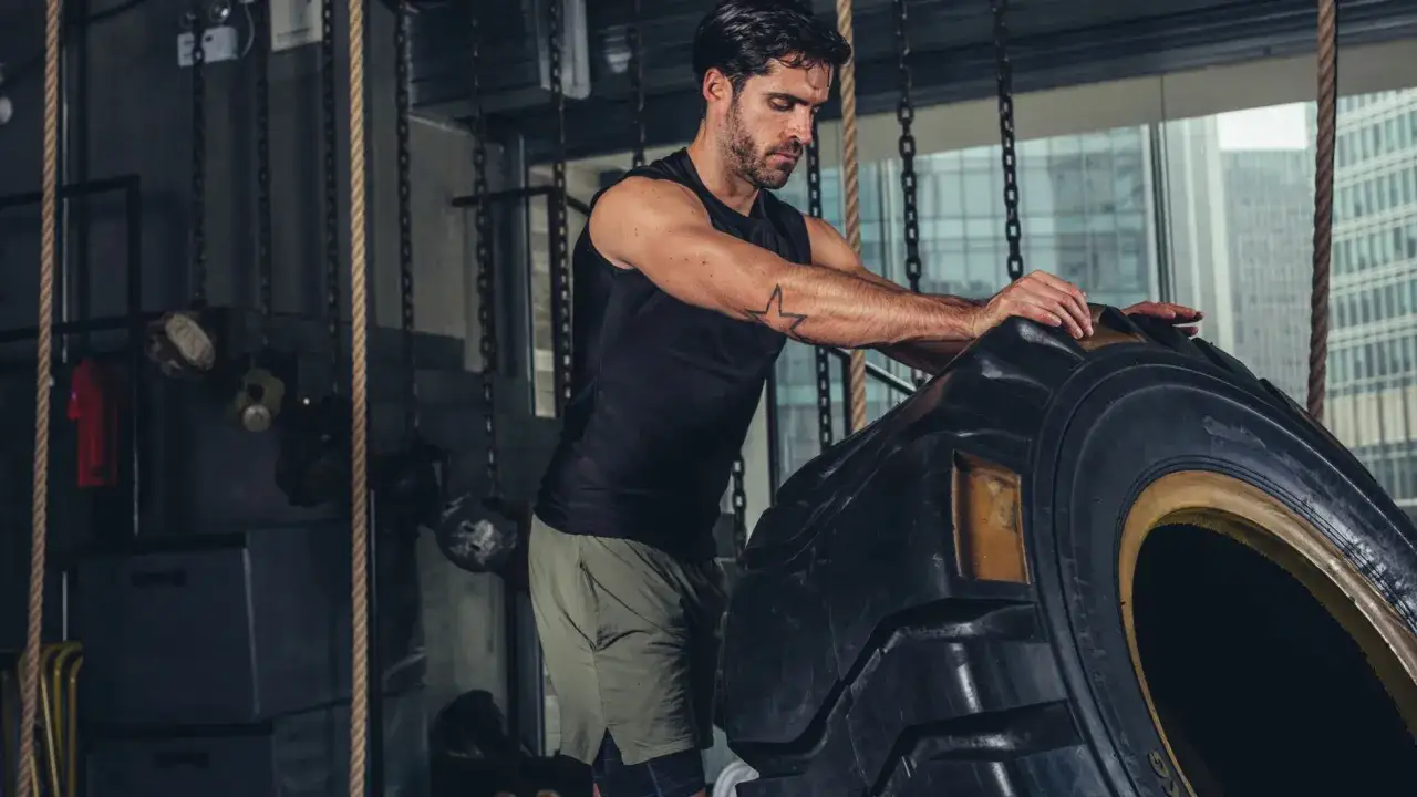 Mężczyzna ćwiczy z oponą, pokazując, co to znaczy crossfit: siłę, determinację i wytrzymałość.