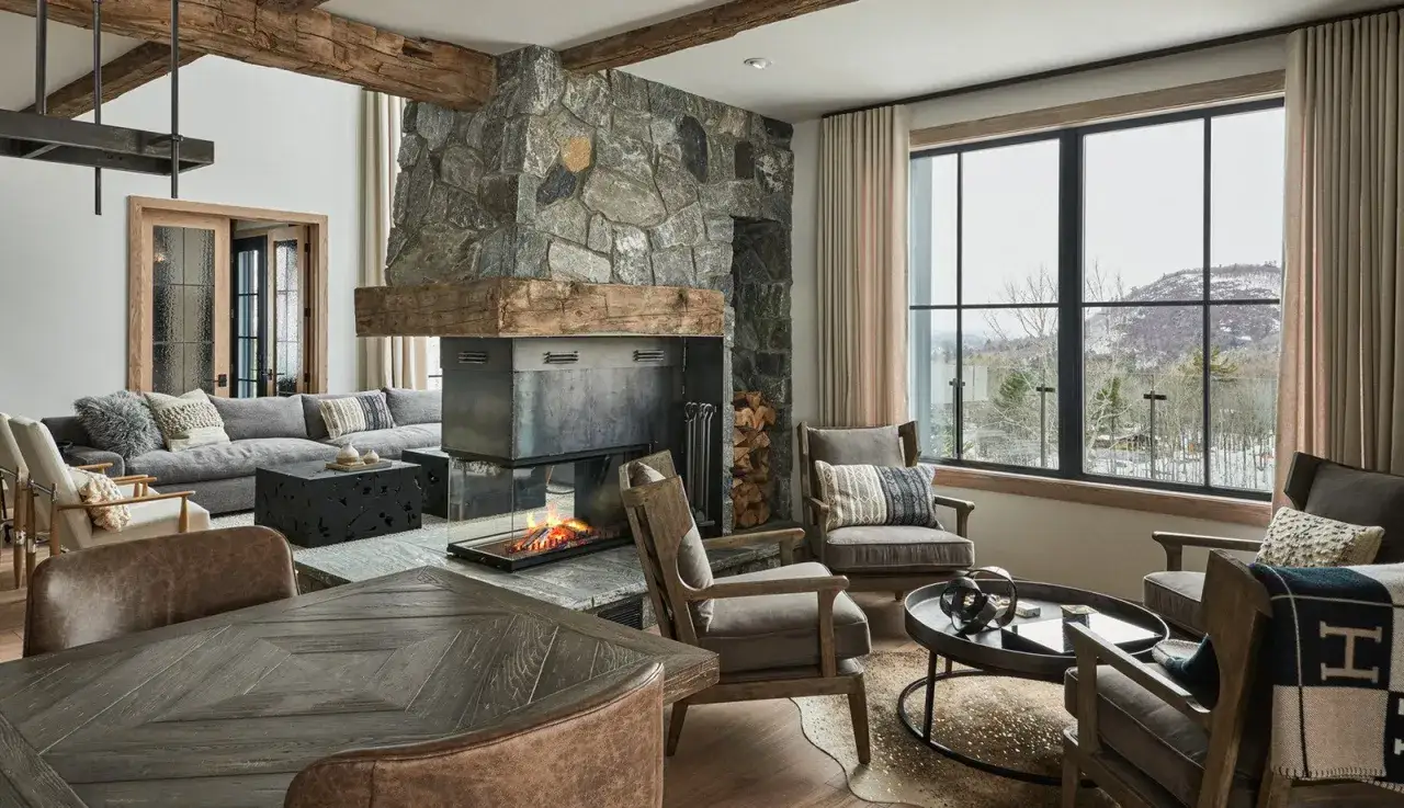 Przytulny salon z kamiennym kominkiem, drewnianymi belkami i widokiem na g&oacute;ry. Styl country glam.
