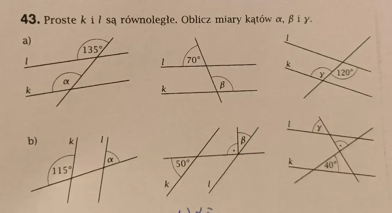 Kąty odpowiadające na rysunku prostych r&oacute;wnoległych i siecznej