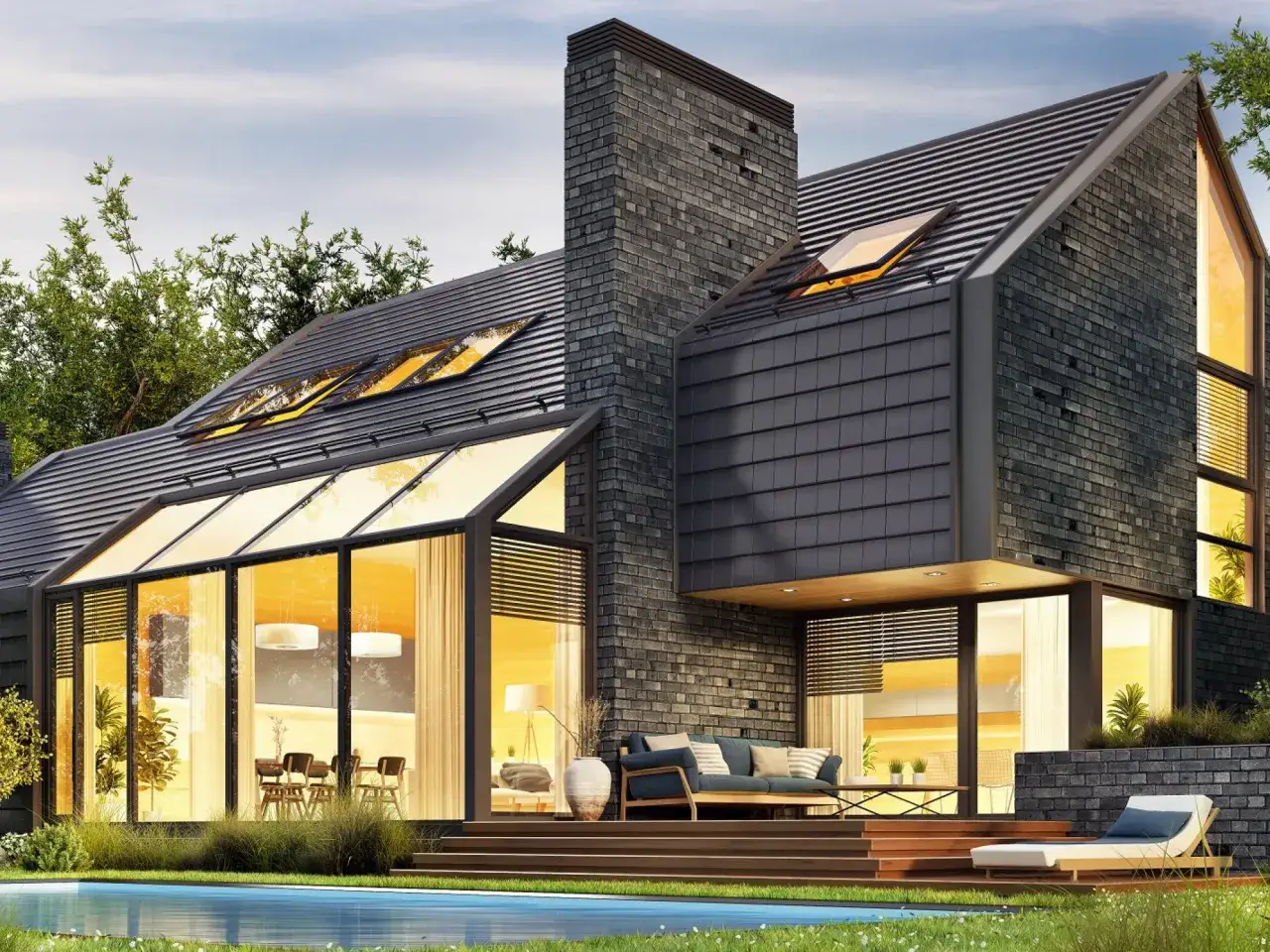 Nowoczesny dom z keramzytu z basenem i tarasem. Duże okna wpuszczają ciepłe światło, tworząc przytulną atmosferę.