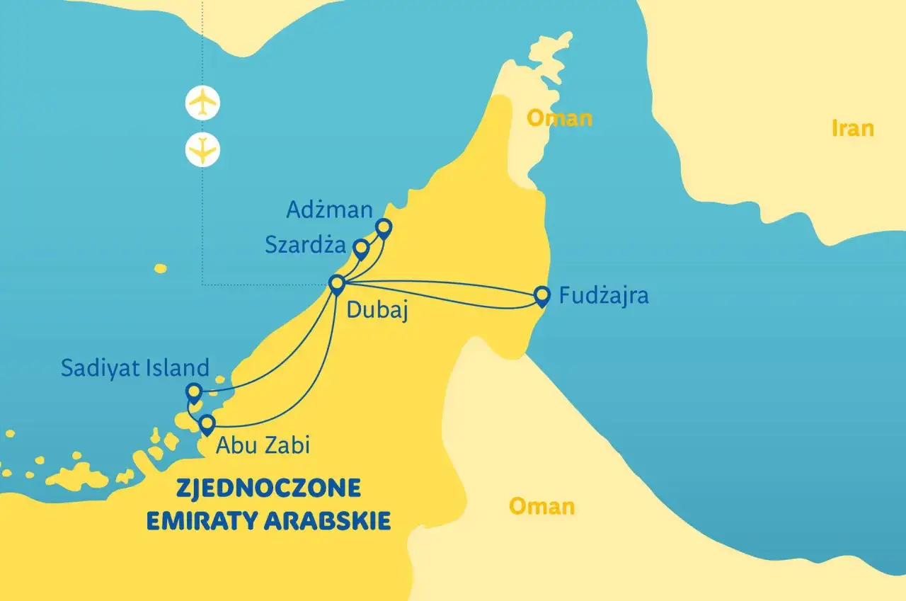 Mapa Zjednoczonych Emiratów Arabskich z zaznaczonym Dubajem, Szardżą, Adżmanem, Fudżajrą, Abu Zabi i Sadiyat Island. Dwa samoloty symbolizują podróże, być może związane z obostrzeniami przez koronawirus w Dubaju.