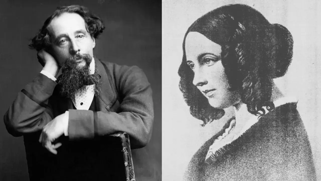 Charles Dickens, autor opowieści o dzieciach, obok portretu kobiety.