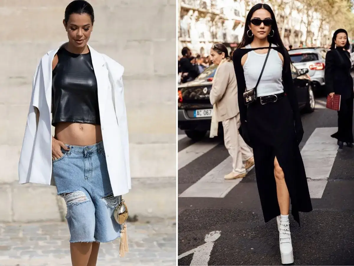 Kobieta w czarnym topie z dekoltem typu halter i białej marynarce, obok inna kobieta w białej bluzce i czarnej sp&oacute;dnicy z rozcięciem.