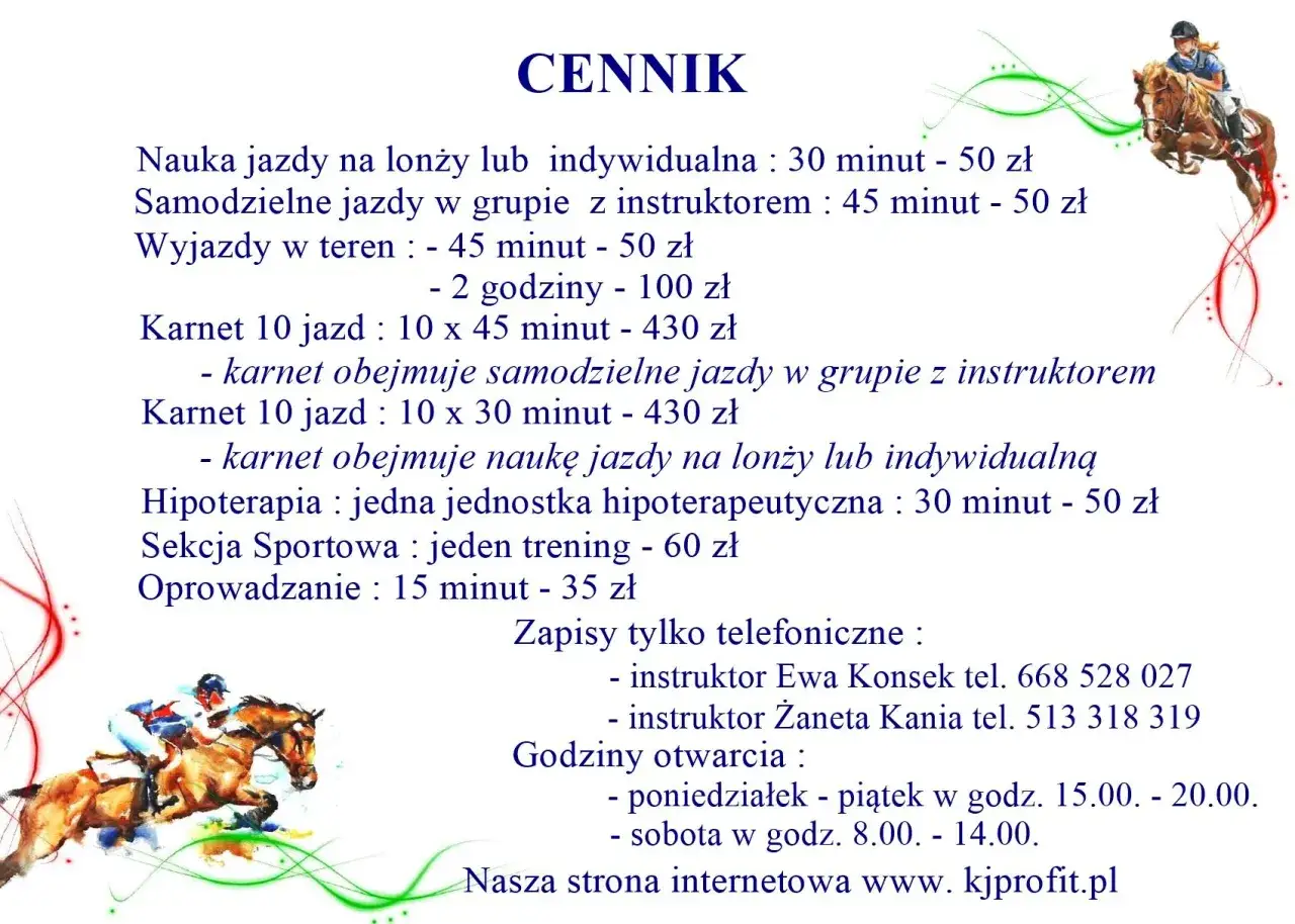 Cennik: ile kosztuje jazda konna? Nauka na lonży 30 min - 50 zł, wyjazd w teren 45 min - 50 zł. Karnet 10 jazd 430 zł.