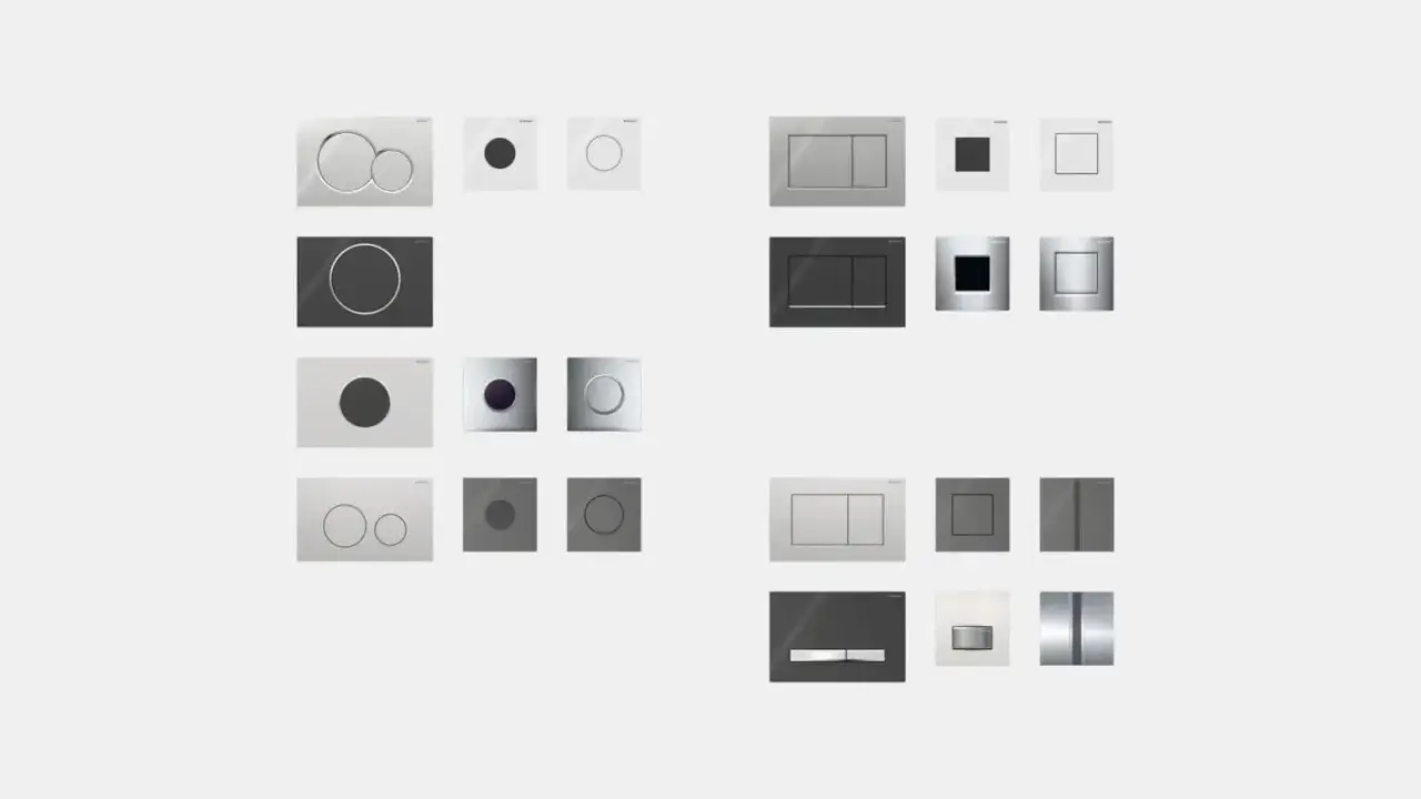 Kolekcja przycisków do geberitu w różnych kształtach i kolorach: okrągłe, kwadratowe, prostokątne, chromowane, czarne, białe.