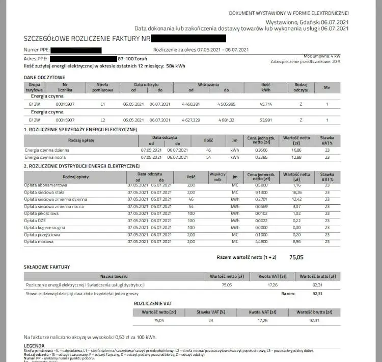 przykładowy rachunek za prąd w Polsce