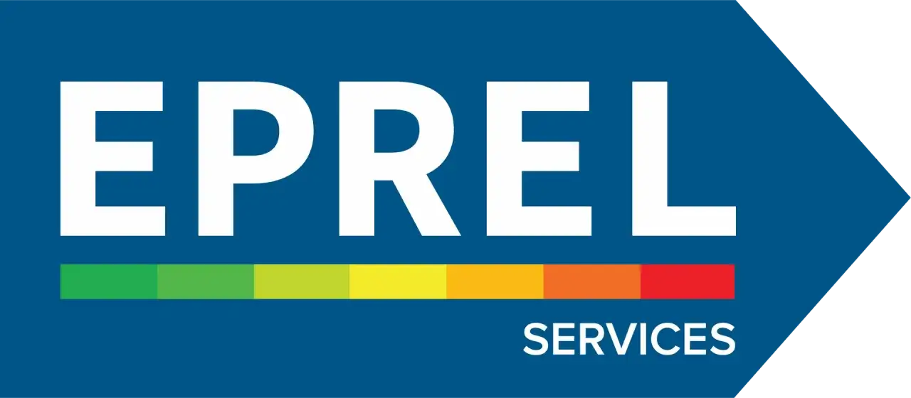 Logo z napisem EPREL SERVICES. Pod napisem pasek w kolorach zielonym, żółtym, pomarańczowym i czerwonym. Baza EPREL.