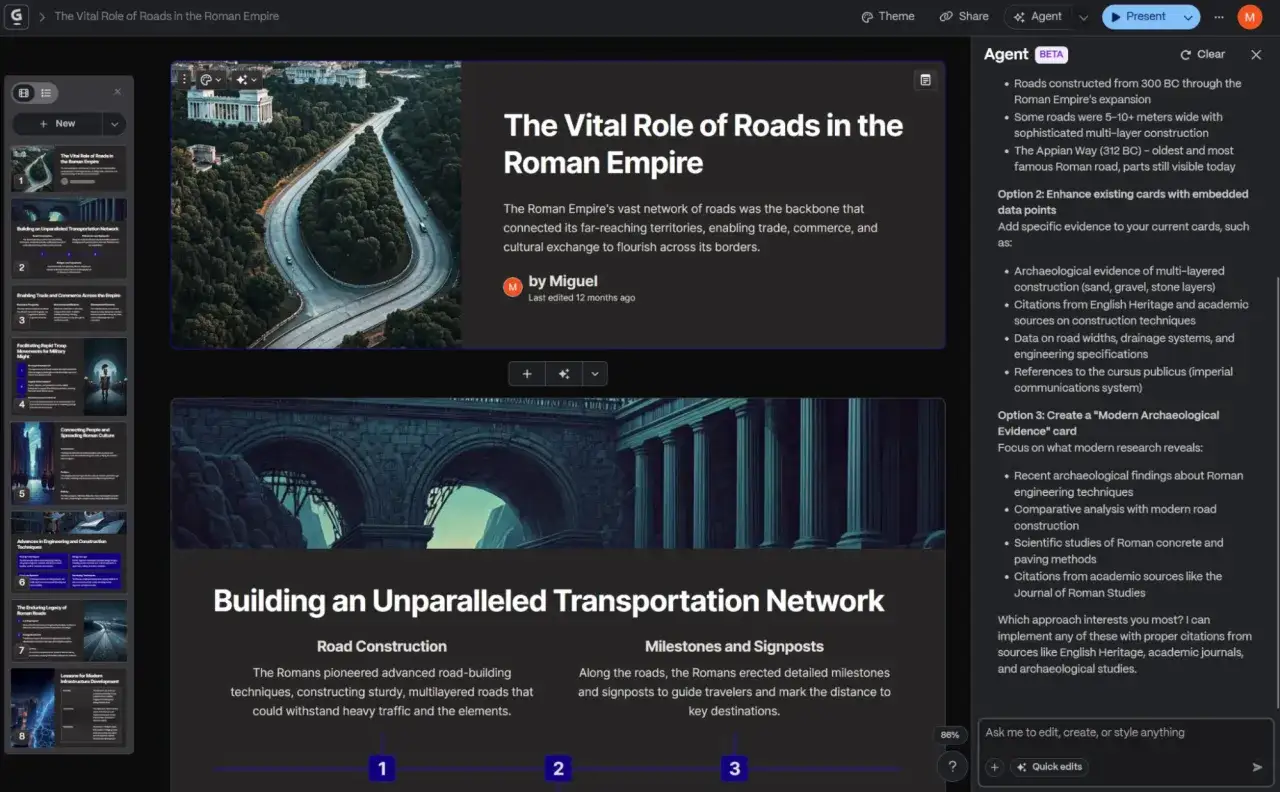 Strona do robienia prezentacji o rzymskich drogach. Pokazuje tytuł, zdjęcie drogi i fragmenty tekstu.