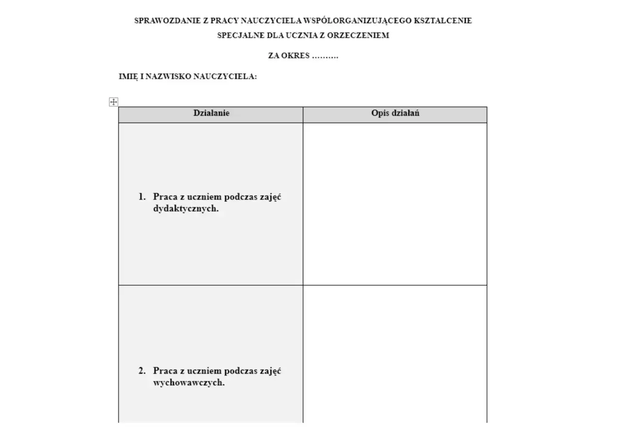 Formularz sprawozdania z pracy nauczyciela, zawiera sekcje 