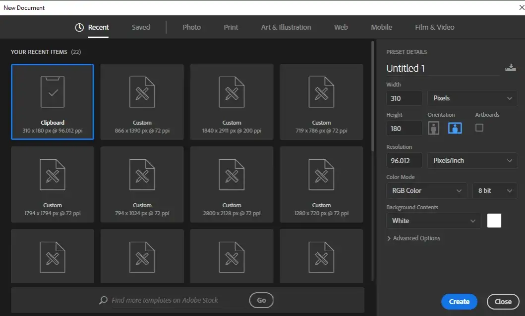 Photoshop new document setup high resolution