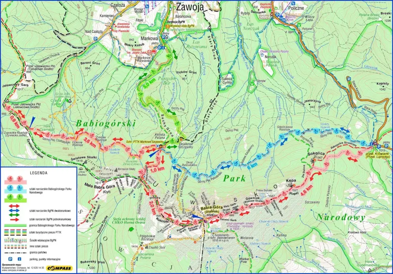 mapa czerwonego szlaku na Babią Górę z Krowiarek