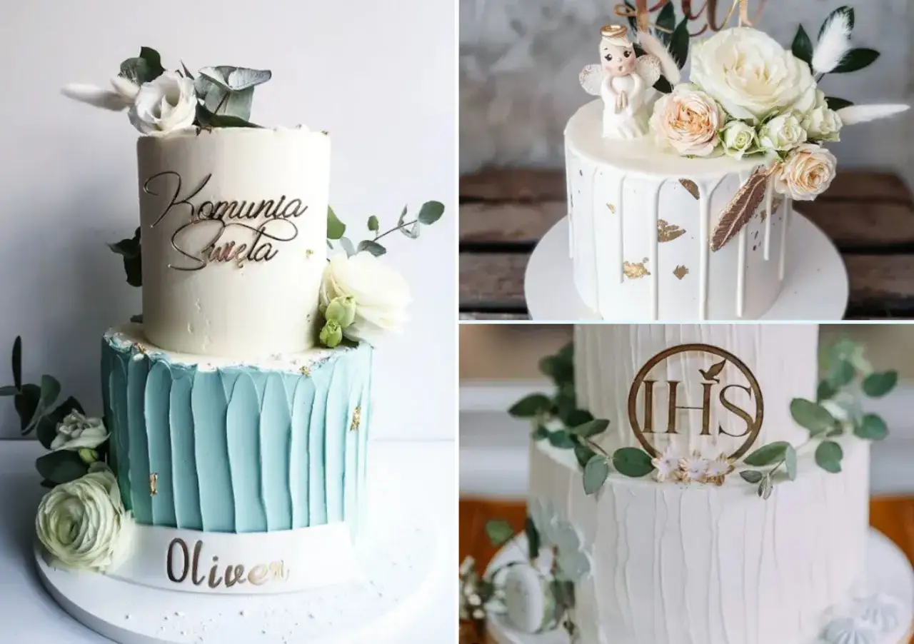 Eleganckie torty na komunie: dwupoziomowy z błękitnym kremem i imieniem, biały z aniołkiem i kwiatami, oraz biały z symbolem IHS.