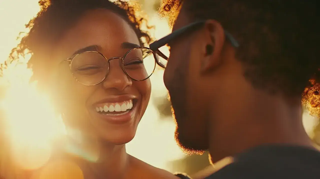 Uśmiechnięta kobieta w okularach, wpatrzona w mężczyznę. Słońce rozświetla jej twarz, tworząc magiczną atmosferę. To proste triki działające na mężczyzn.