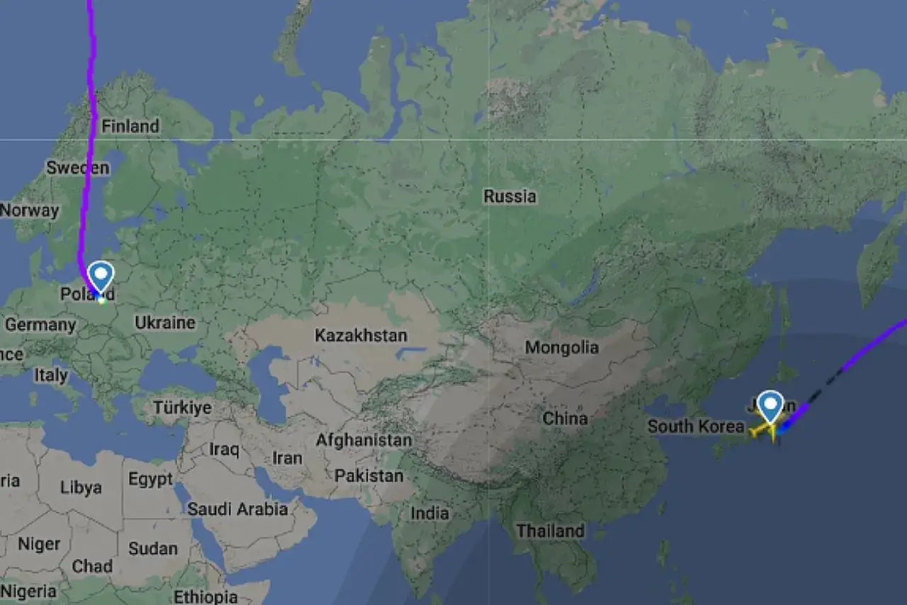 Mapa trasy lotu Warszawa Tokio