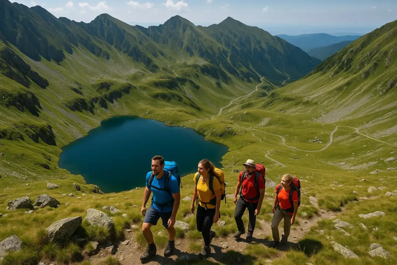 Grupa turystów wędruje po malowniczych górach fogaraskich, podziwiając jezioro i kręte drogi.