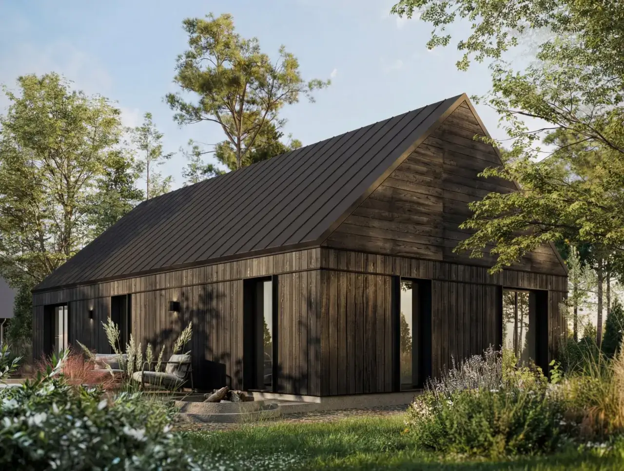 Nowoczesny dom z drewna, otoczony zielenią. Zastanawiasz się, ile kosztuje budowa domu z gotowych elementów?