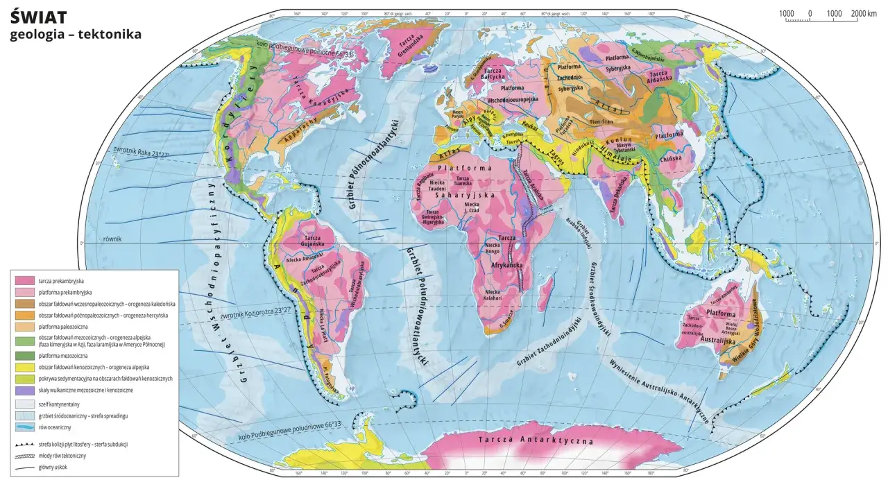 Karpaty to młode g&oacute;ry fałdowe, część alpejskiej orogenezy, widoczne na mapie geologicznej świata.