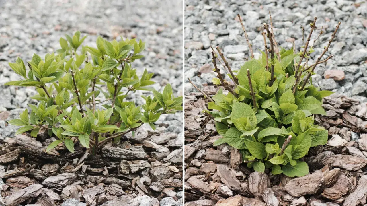 Hortensja piłkowana przed i po cięciu. Po lewej młoda roślina, po prawej po przycięciu, gotowa do wiosennego wzrostu.