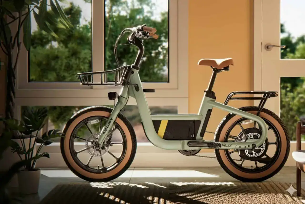 Stylowe koło elektryczne do roweru 26 cali w kolorze miętowym, z koszykiem i bagażnikiem, gotowe na miejskie przygody.