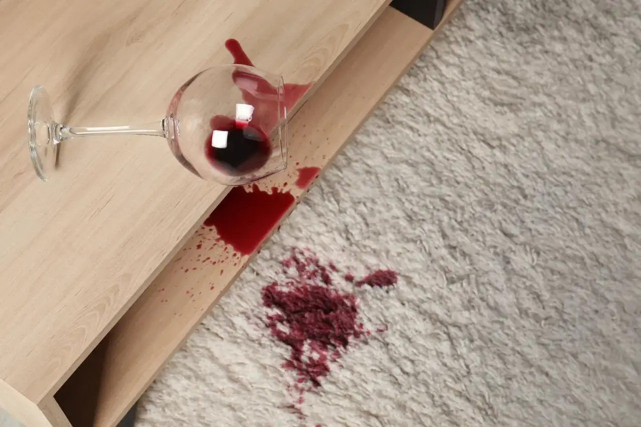 Rozlane czerwone wino na jasnym dywanie i drewnianym blacie. Jak wywabić czerwone wino z dywanu?