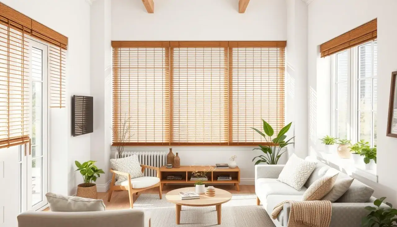 Białe okna z jasnymi roletami, minimalistyczne wnętrze