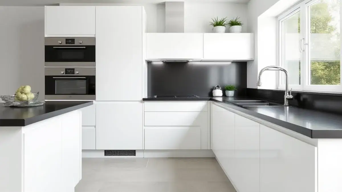 podłoga imitacja betonu biała kuchnia czarny blat