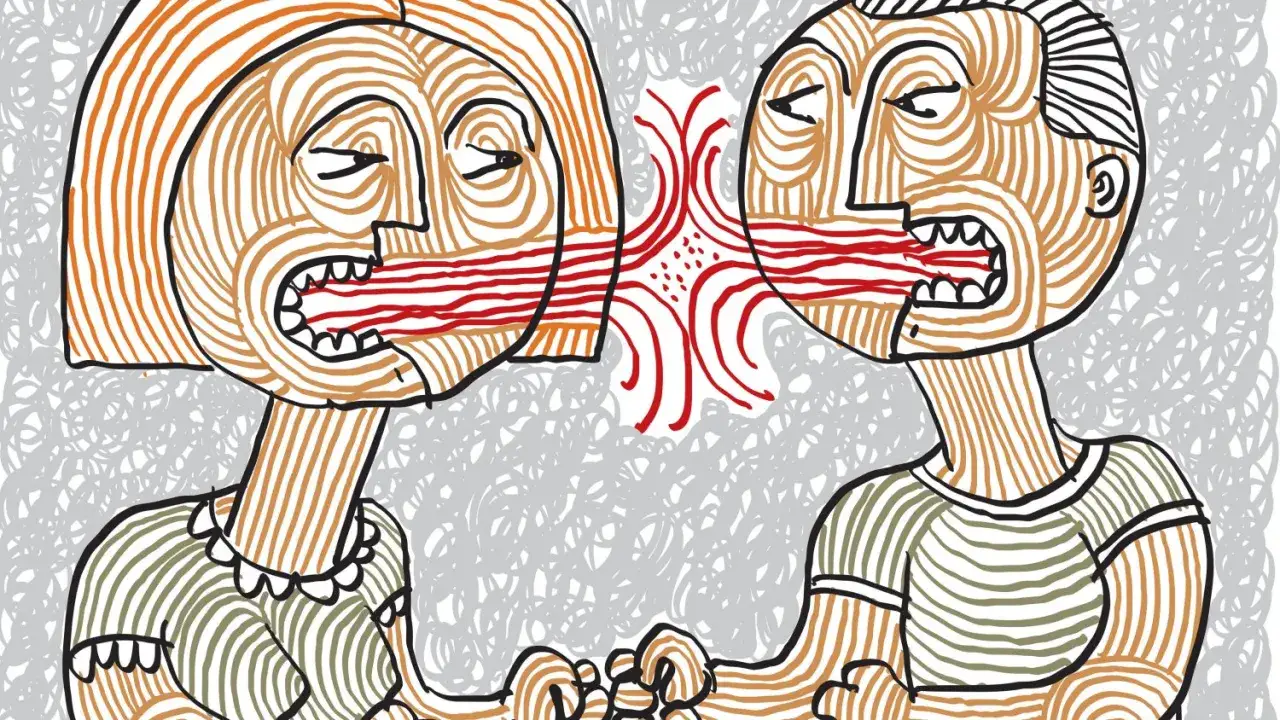 Ilustracja przedstawia parę w trakcie gorącej wymiany zdań. Ich usta są szeroko otwarte, a z nich wydobywają się czerwone, faliste linie symbolizujące słowa. Widać napięcie i emocje towarzyszące kł&oacute;tniom w związku.
