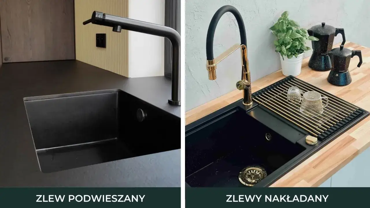 Czarny zlew podwieszany z ociekaczem i złotą baterią. Obok stylowe akcesoria kuchenne.