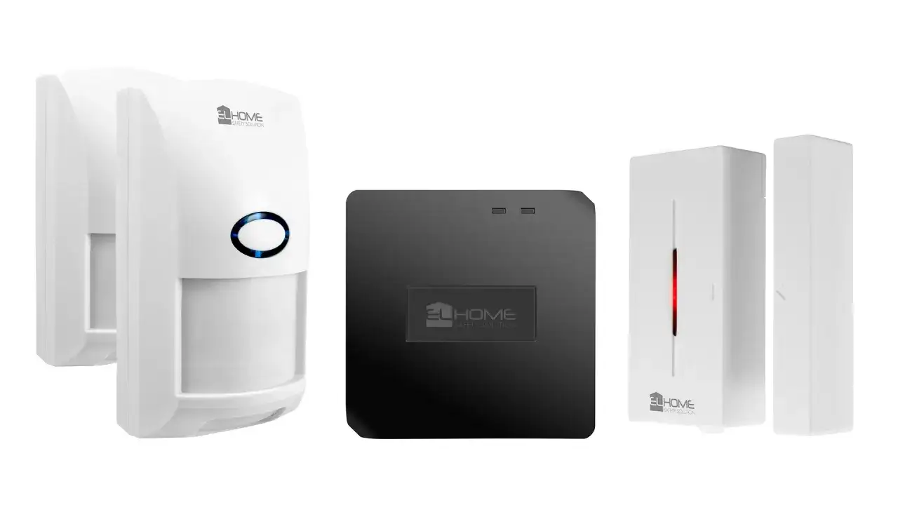 Elementy systemu antywłamaniowego: czujnik ruchu, centrala i czujnik otwarcia drzwi/okna.