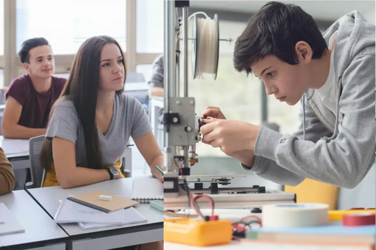 Uczniowie w klasie i przy drukarce 3D. To pokazuje, co jest po podstawówce: nauka i rozwój techniczny.