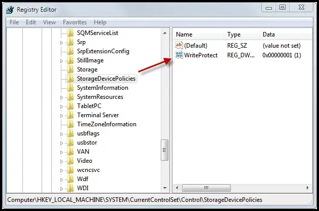 regedit StorageDevicePolicies WriteProtect